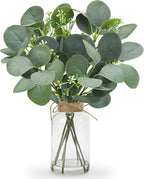 Der Rose 13.5" Fake Plants for Bathroom Decor Artificial Eucalyptus Stems in Clear Glass Vase with Faux Water for Office Desk Accessories Home Table Centerpiece Decor（Sage Green）