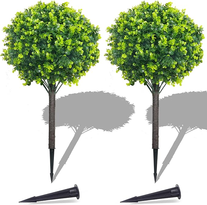 PATIO CHOICE Artificial Topiary Boxwood Ball Trees Set of 2 30" Fake Outdoor Plants Realistic Olive Tree Fake Bushes Lifelike Shrubs Decorations for Outdoor Indoor Front Porch Garden