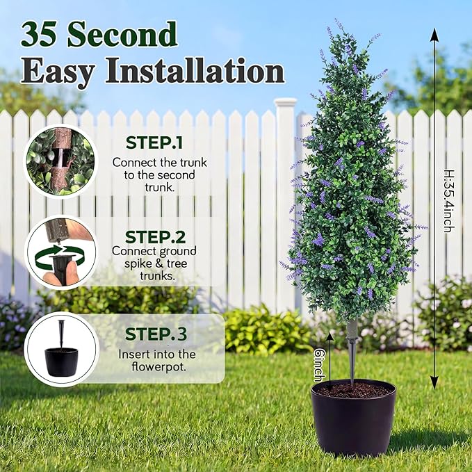 PATIO CHOICE 3ft Artificial Topiary Trees with Lavender Set of 2 Outdoor Faux Plants Artificial Realistic Fake Bushes Decorations for Outdoor Front Porch Garden (Lavender, 36in)