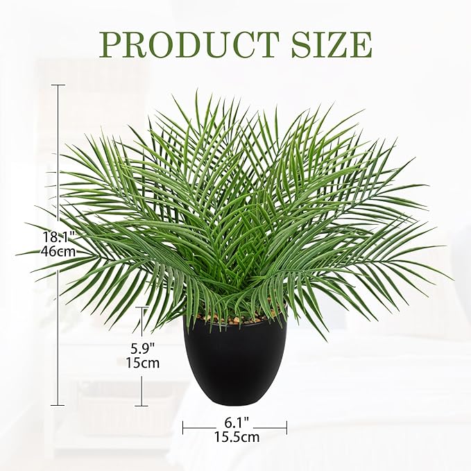 Briful Artificial Palm Plant in Black Pot, 18” Faux Tropical Tabletop Plant with 14 Realistic Leaves, Small Potted Palm Tree for Farmhouse, Coffee Table, Entryway, Bathroom, Shelf & Living Room Decor