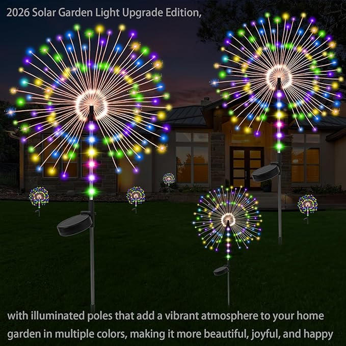 2 Pack Garden Decoration Solar Outdoor Light with 300 LEDs, Waterproof Solar Firework Lights 8 Lighting Modes, Suitable for Outdoor, Yard, Pathway ， Landscape Decoration(Multicolor)