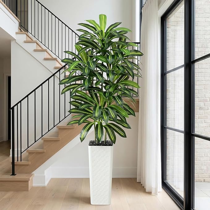 Artificial Dracaena Tree：7FT Faux Silk Tropical Yucca Floor Trees Realistic Fake Green Plant with Natural Wood Trunk & Lifelike Leaves for Home Office Decor Indoor & Outdoor (7FT,1-Pack,White)