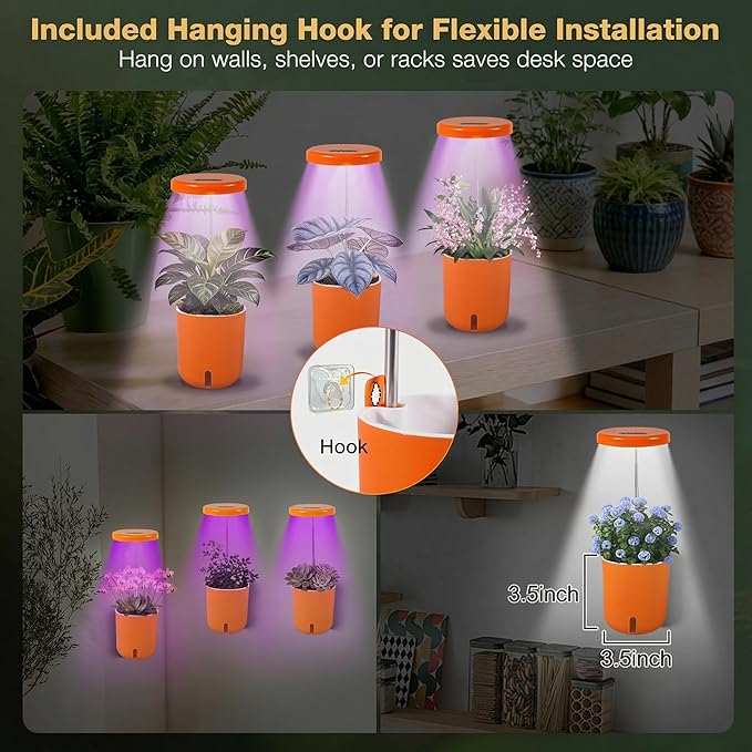 Self-Watering Planter with Grow Light — Cute Desk Plant Pot for Office, Bedroom & Window — No Green Thumb Needed, 2-in-1 Wall + Desktop, USB Powered (5W LED, White)