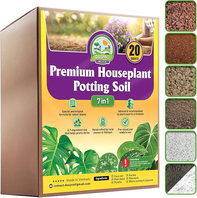 DUSPRO Recycle 20QRT Pre-Mixed House Plant Potting Mix 7in1 with Potting Soil Indoor Plants, Tropical Indoor Potting Soil with Pine Bark, Pumice, Coco Coir, Perlite, Worm Castings, Gypsum, Peat Moss