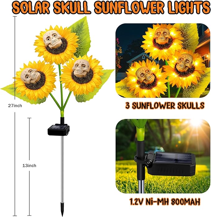 Halloween Decorations Outdoor, 2 Pack Solar Scary Skull Sunflowers Lights,Waterproof Solar Flowers Lights Garden Decor for Halloween Yard Patio Lawn Party Decor