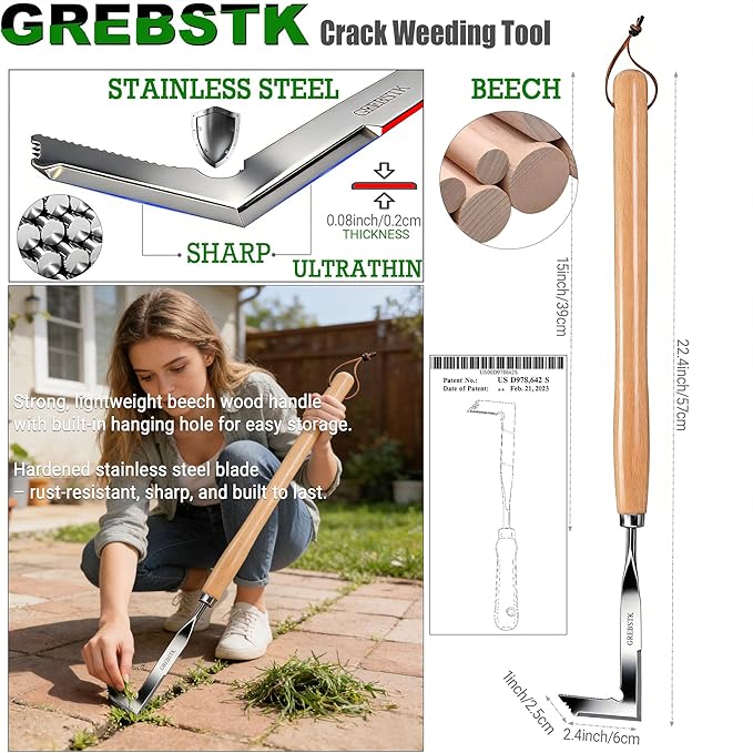GREBSTK Crack Weeder Crevice Weeding Tool Stainless Steel Manual Weeder Beech Handle Gardening Tool, 22 inch