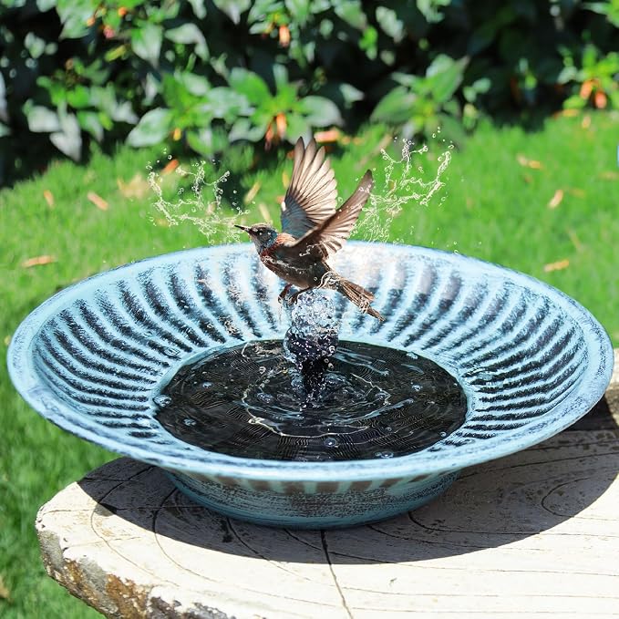 12.3" Solar Fountain Bird Bath for Outside, Metal Solar Bird Bath Fountains, Bird Bath Bubbler for Garden Patio Decor-Blue