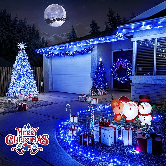 JMEXSUSS 200 LED Blue Christmas Lights Outdoor, Expandable 66ft Blue String Lights Green Wire, 8 Modes Twinkle Xmas Tree Light Plug in for Party Indoor Ceiling Beroom Patio Fence Yard Decor