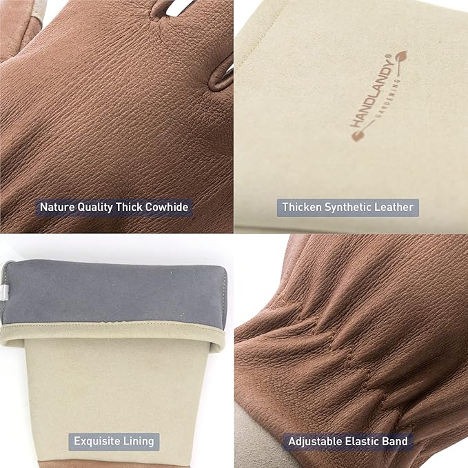 HANDLANDY Long Gardening Gloves for Men & Women, Thorn Proof Rose Pruning Gloves Leather Gauntlets Garden Glove Yard Work Glove (Warm Brown, Small)