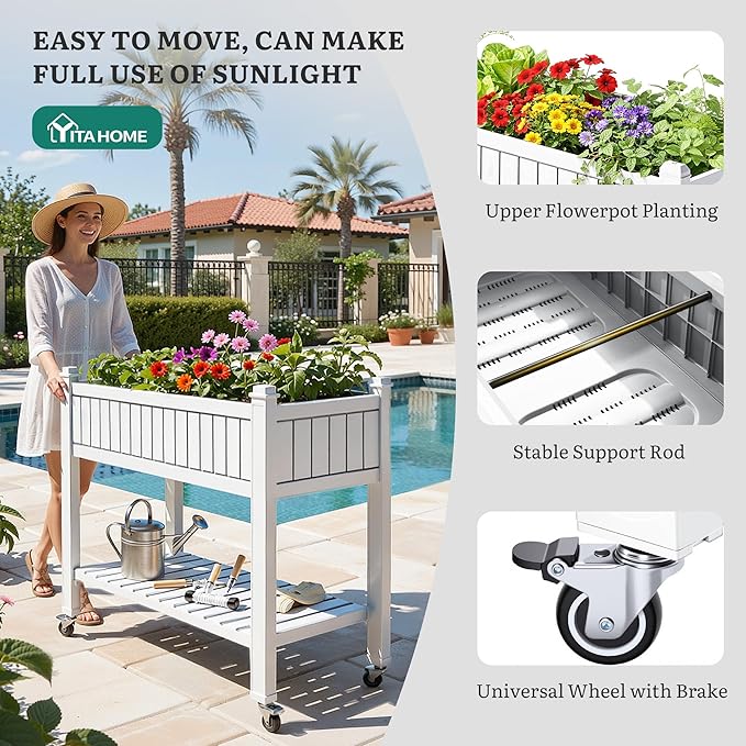 YITAHOME 42.5x17.3x35.4 in Raised Garden Bed, Outdoor Plastic Planter Box with Wheels, Legs, Drain Plug, and Storage Shelf for Plants, Vegetables, Flowers, Herbs, White