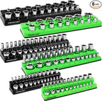 Magnetic Socket Organizer Set, 6-piece 1/4", 3/8", 1/2" SAE & Metric Sockets Holder, Drive Socket Trays, Storage Tool Box, Holding 143 Slots, Soft Rubber Covering Black Green Tools