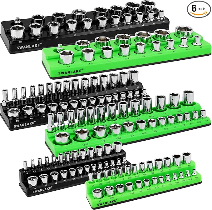 Magnetic Socket Organizer Set, 6-piece 1/4", 3/8", 1/2" SAE & Metric Sockets Holder, Drive Socket Trays, Storage Tool Box, Holding 143 Slots, Soft Rubber Covering Black Green Tools