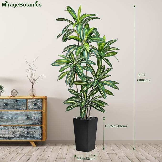 Artificial Dracaena Tree 6FT Tall Fake Plant with White Planter - Realistic Faux Dragon Tree with Tall Planter - Indoor Floor Plant for Home, Office,Mall, Living Room, Bedroom Decor