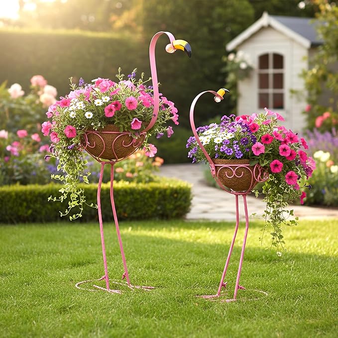 J-Fly Set of 2 Pink Flamingos Metal Potted Plants Holders with Coconut Flower Pots, Christmas Yard Flamingos Plant Stand Indoor & Outdoor, Floral Garden Christmas Decor, Flower Pots Stand Outdoor