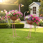 J-Fly Set of 2 Pink Flamingos Metal Potted Plants Holders with Coconut Flower Pots, Christmas Yard Flamingos Plant Stand Indoor & Outdoor, Floral Garden Christmas Decor, Flower Pots Stand Outdoor