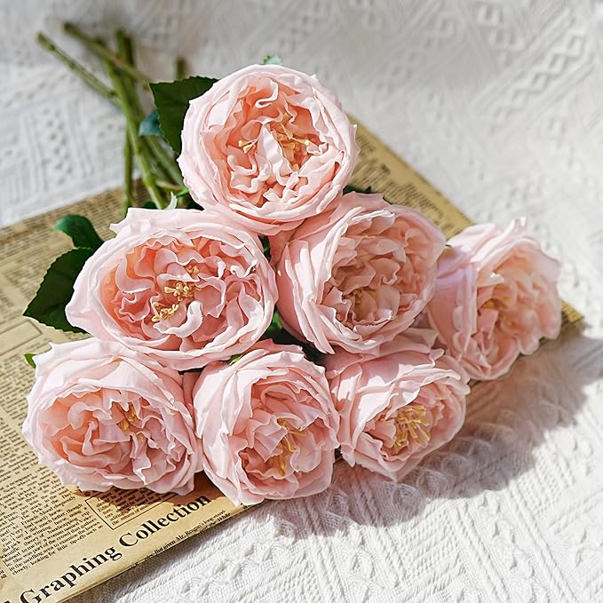 Jahe 6Pcs Fake Austin Flowers David Austin Roses, 17'' Faux Peonies for Flower Arrangements, Home Decor Peony Artificial Flowers, Living Room Decoration Vivid Roses Peonies, Pink