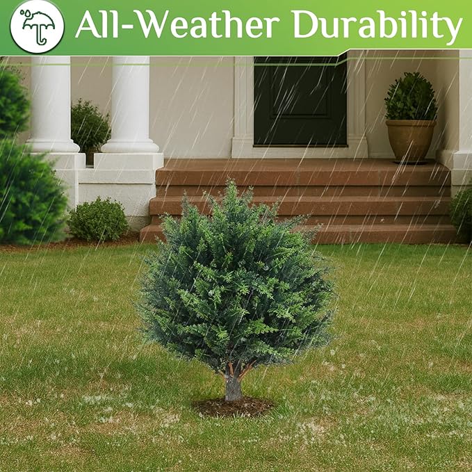 PATIO CHOICE Topiary Trees Artificial Outdoor Cedar Ball Trees with Ground Spike Set of 2 22" Fake Outdoor Plants Faux Bushes and Shrubs Decorations for Outdoor Indoor Front Porch Garden