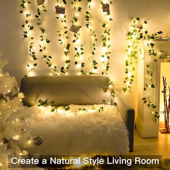 suddus Vine with Fairy Lights Battery Operated, 33ft100 LED Pothos String Lights with Remote, Leaf Lights for Bedroom, Room, Wall, Garden, Party, Wedding Dorm Decor(Warm White)