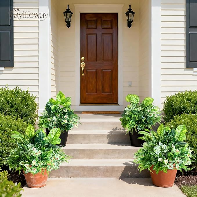 24 Bundles Artificial Plants Outdoor,UV Resistant Fake Greenery Stems with Large Shrubs Faux Plastic Plant for Outside Front Porch Planters Garden Window Box Patio Decor(Pot Not Included)