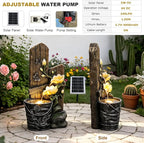 30.7" H Solar Water Fountain Outdoor Garden, Rustic Tiered Magnolia Flower & Bucket Waterfall with 4000mAh Battery Backup, Warm LED Lights & 5W Solar Panel for Patio, Porch, Backyard and Home Decor