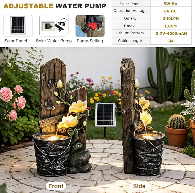 30.7" H Solar Water Fountain Outdoor Garden, Rustic Tiered Magnolia Flower & Bucket Waterfall with 4000mAh Battery Backup, Warm LED Lights & 5W Solar Panel for Patio, Porch, Backyard and Home Decor