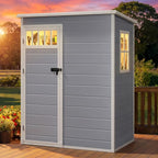 DWVO 5x3FT Outdoor Storage Shed with Fence-Style and Side Windows, Floor & Lockable Doors, Plastic Storage Shed for Backyard and Garden, Gray