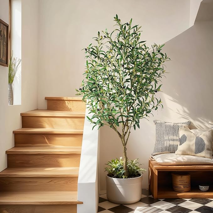 Tall Artificial Olive Tree Faux Trees Indoor Outdoor Realistic Floor Plant Large Fake Plants for House Modern Home Living Room Master Bedroom Office Front Porch Decor Outside Patio para decoracion