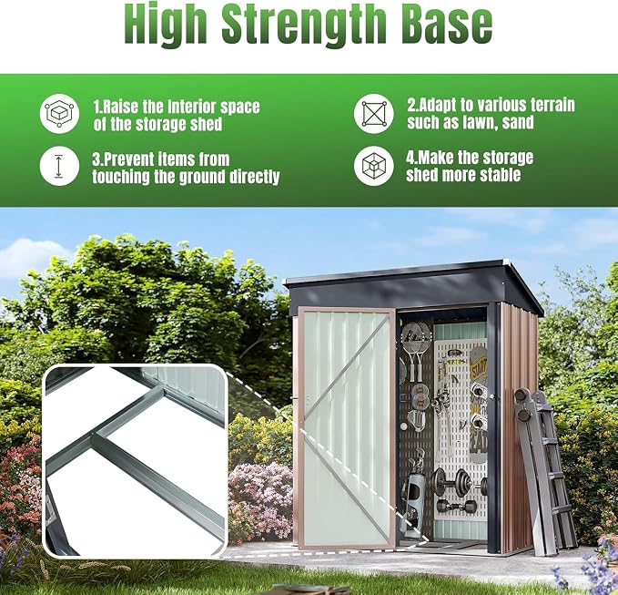 Aoxun 5' x3 ' Outdoor Metal Storage Shed with Galvanized Steel Base, Heavy-Duty Garden Tool Shed for Patio, Lawn, and Garden, Brown
