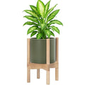 D'vine Dev Planter Pot with Stand - 8 Inch Plastic Cylinder Flower Pot with Wood Planter Holder for Indoor, Olive Pot + Natural Stand, 55-C-J-3