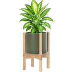 D'vine Dev Planter Pot with Stand - 8 Inch Plastic Cylinder Flower Pot with Wood Planter Holder for Indoor, Olive Pot + Natural Stand, 55-C-J-3