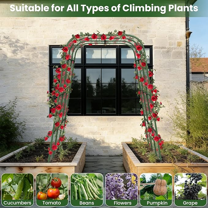 Nexum Cucumber Trellis for Raised Bed, 63"x47.2" U-Shape Garden Trellis for Climbing Plants Outdoor with Climbing Net, Metal Arch Plant Support for Cucumbers Tomatoes Peas Beans