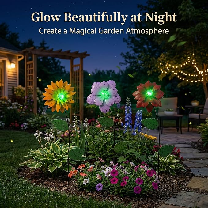 Topadorn 3 Pack Glow in the Dark Flower Garden Stakes, Metal Outdoor Yard Decor with Shaking Heads, Weatherproof Garden Pathway Ornaments