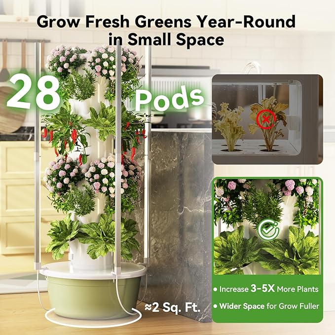 BAOSHISHAN Hydroponics Growing Tower, 7-Layer 28pod Hydroponic Tower with Foldable LED Light, Space-Saving Indoor Vertical Hydroponics Growing System for Vegetable Herb Fruit
