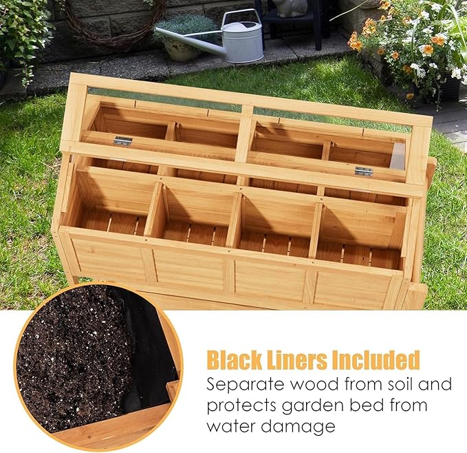 Raised Herb Garden Planter Indoor Outdoor with Wheels for Basil, Parsley, Rosemary, Thyme & Mint , Wooden Seed Starter Grow Box with Cover, Gardening Gifts for Women, Mom, Plant Lovers (Wood)