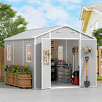 PIPLEO 8x12 FT Resin Outdoor Storage Shed with Floor, Plastic Garden Storage Shed with Lockable Door & Vent, All Weather Versatile Tool Shed for Backyard, Patio, Lawn, Cloud Gray