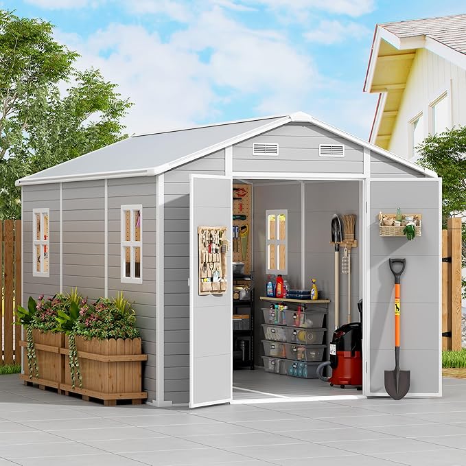 PIPLEO 8x12 FT Resin Outdoor Storage Shed with Floor, Plastic Garden Storage Shed with Lockable Door & Vent, All Weather Versatile Tool Shed for Backyard, Patio, Lawn, Cloud Gray
