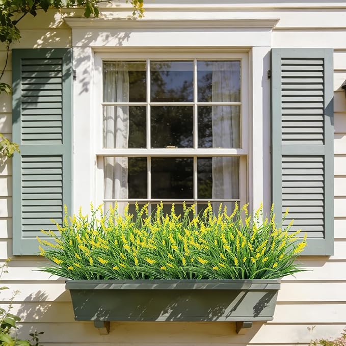24 Bundles Artificial Plants Flowers Outdoor, Faux Lavender Flowers Fake Monkey Grass UV Resistant Plastic Plant for Porch Garden Patio Window Home Decor, Yellow