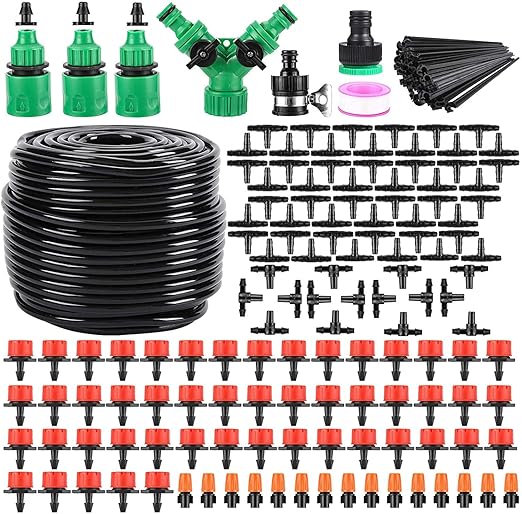 Garden Automatic Irrigation System 164FT 200 Pack Drip Irrigation Kit 1/4" Blank Distribution Tubing Watering Drip Kit Automatic Irrigation Equipment for Garden,Patio,Greenhouse, Flower Bed,Lawn