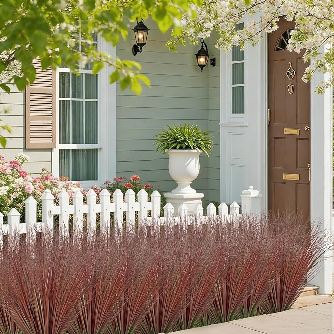 32 Bundles Red Artificial Plants Onion Grass Outdoor 20 Inch Fake Shrubs Wheat Grass UV Resistant Autumn Greenery Stems Faux Bushes Plant for Indoor Home Farmhouse Summer Decor