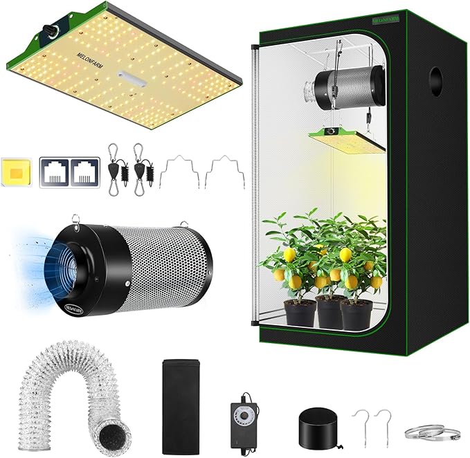 MELONFARM 4x2 Grow Tent Complete Setup, 100W Full Spectrum LED Grow Light & 32"x32"x63"Grow Tent Bundle, 4" Efficient Airflow Ventilation System with Soundproof Duct Connector