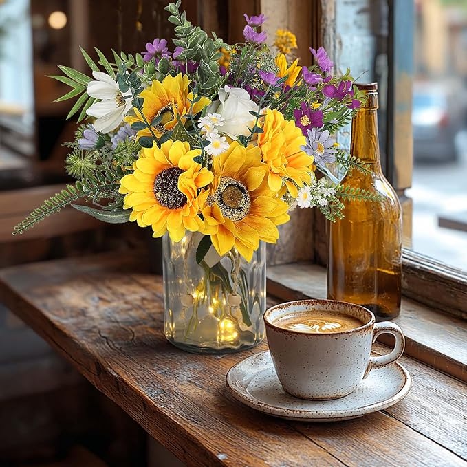Sunflower Fake Flowers in Vase, Sunflowers Lavender Artificial Flowers with Vase for Table Centerpieces, Silk Flower Bouquet Faux Floral Arrangements Kitchen Farmhouse Cemetery Gravesites Decor