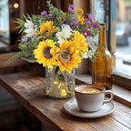 Sunflower Fake Flowers in Vase, Sunflowers Lavender Artificial Flowers with Vase for Table Centerpieces, Silk Flower Bouquet Faux Floral Arrangements Kitchen Farmhouse Cemetery Gravesites Decor