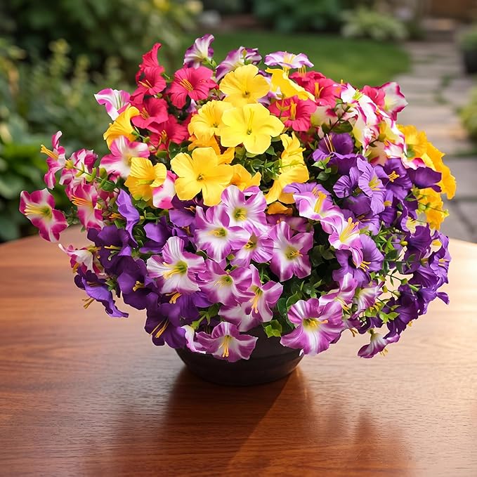 Artificial Flowers for Outdoors Fake Plants Outside Decoration, 12 Bundles Silk Petunia with Eucalyptus UV Resistant Realistic Faux Flowers for Outdoor Planters Garden Balcony (6 Color)