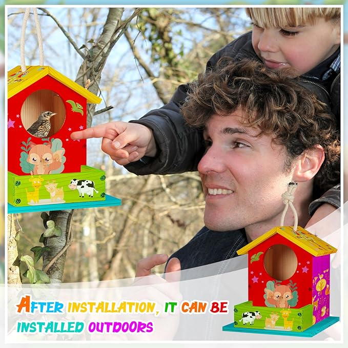 Liliful 2 Pack DIY Wooden Birdhouse Kit, Crafts for Kids and Adults, Bird House with Paint and Paintbrushes Painting Kits for Boys and Girls, Spring Birthday Classroom Gifts for Ages 4-8