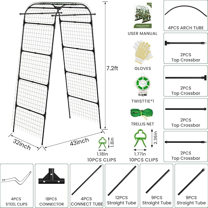 7.2FT Garden Arch Trellis for Climbing Plants, Heavy Duty 66" Wide Walk-Through Metal Arch with Netting, Wind-Resistant Vertical Garden Support for Cucumbers, Roses, Beans, Squash (33" Arch)