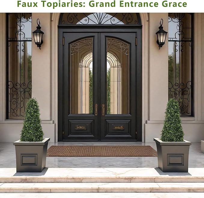 3ft Artificial Boxwood Topiary Trees (Set of 2) - UV Resistant Faux Plants Outdoor, Realistic 36" Fake Cone Bushes and Shrubs for Front Porch, Planter, Patio, Evergreen