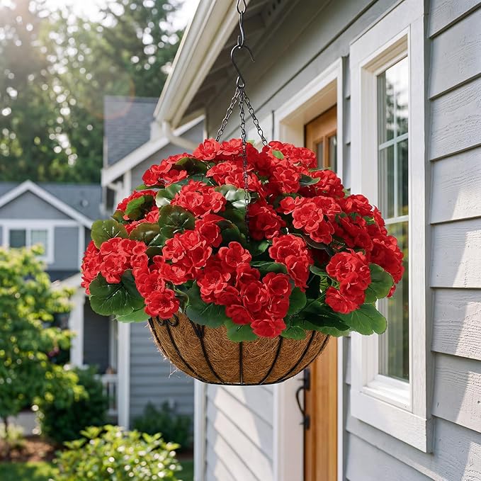 Alupssuc 8Pcs Artificial Geranium Flowers for Outdoors Decoration Silk Floral, UV Resistant Fake Plants, Faux Flower for Porch Garden Table Centerpieces Home Indoor Outside Spring Decor(8, Red)