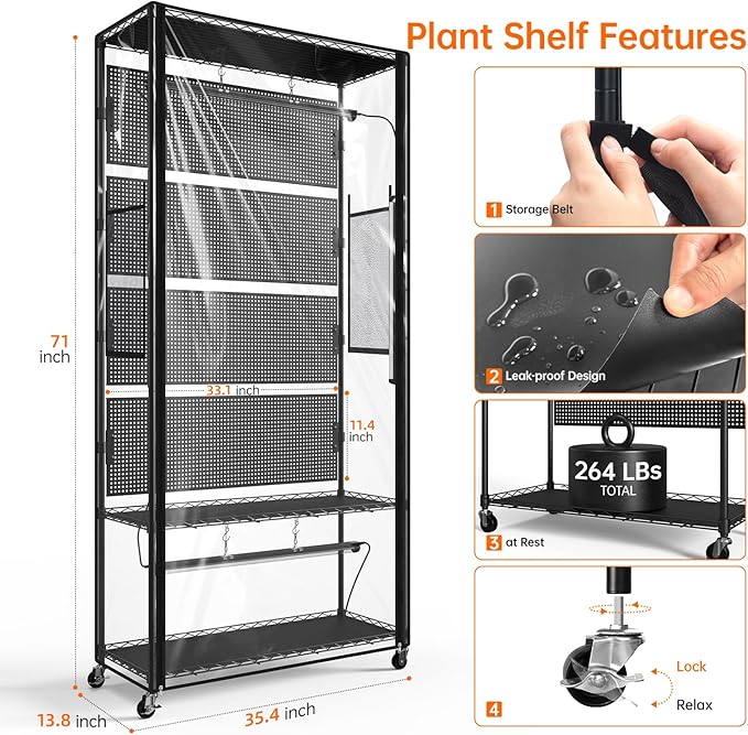 Bstrip Indoor Greenhouse Cabinet with Pegboard, Indoor Greenhouse with Grow Light, 4 Pack 96W Full Spectrum Plant Lights, Ideal for Indoor Plant, Foliage Plants, 35.4"x13.8"x71"