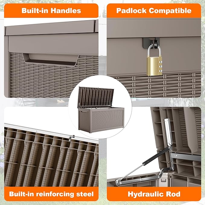 PatioZen 320 Gallon Resin Deck Box, Lockable Patio Outdoor Storage Box for Furniture, Garden Tools and Tools Storage, Waterproof Outside Storage Boxes - Grey