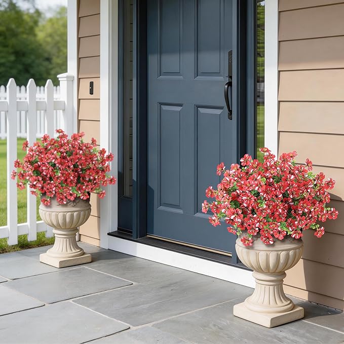 Artificial Morning Glory & Eucalyptus Topiary Trees - Set of 2 Faux Silk Flower Potted Plants, UV-Resistant Fake Outdoor Morning Glory Bushes for Front Door, Yard, Farmhouse, Garden Decor (Red)